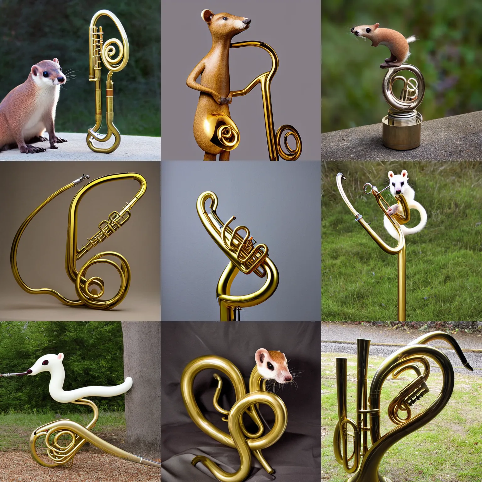 Prompt: a hybrid of a stoat and a french horn, long tubular brass stoat, musical instrument sculpture, stoat sculpture, stoat - instrument hybrid, photograph