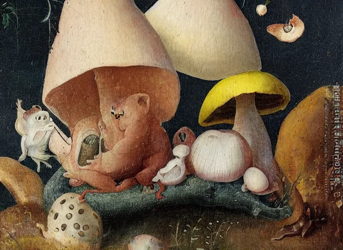 Image similar to a painting of a cute creature sitting next to a mushroom, detailed, realistic, in style of hieronymus bosch