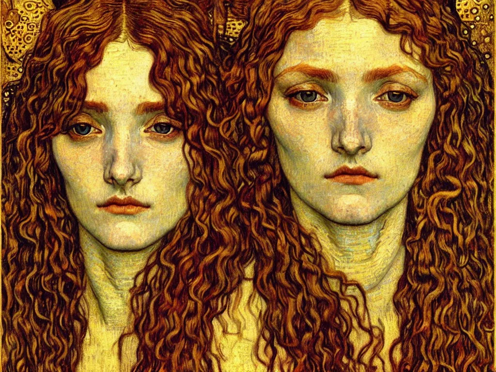 Image similar to detailed realistic beautiful young medieval queen face portrait by jean delville, gustav klimt and vincent van gogh, art nouveau, symbolist, visionary, gothic, pre - raphaelite, muted earthy colors, desaturated