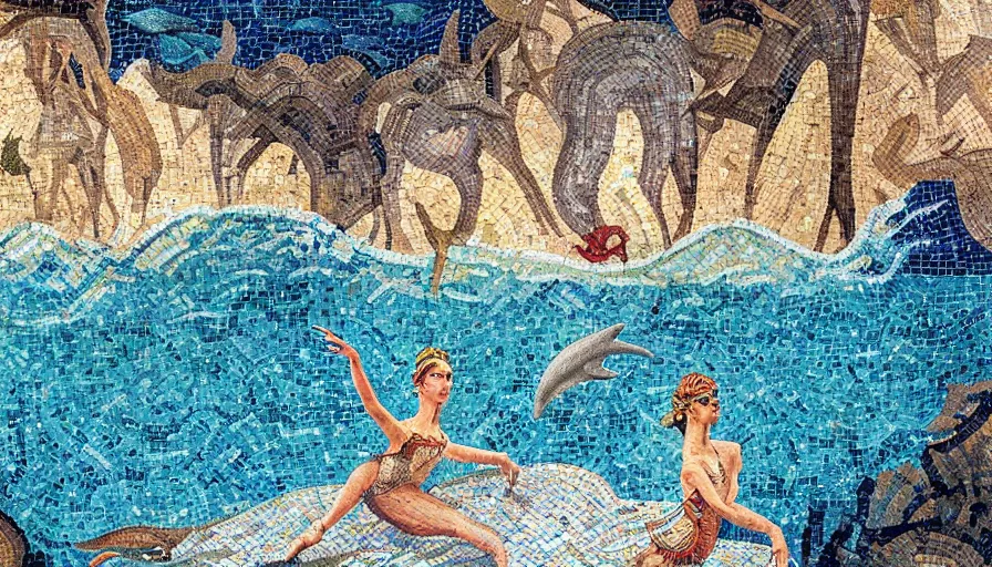 Prompt: giant roman mosaic of legendary prima ballerina in sea with fish and dolphins and waves on a natural cave wall, ornemental decoration, octane, artstation, illustration, stylised