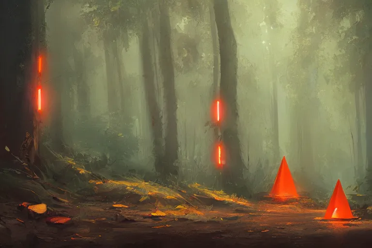 Image similar to orange construction cones, in a forest, atmosphere, highly detailed, craig mullins, james jean, digital painting, cinematic lighting, 4 k