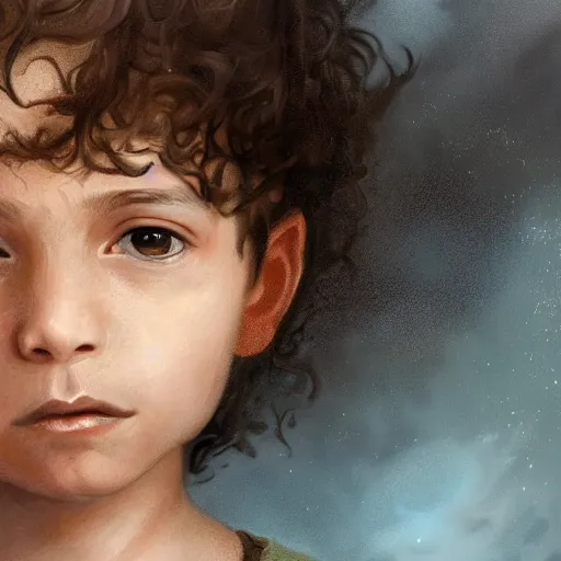 Image similar to a detailed portrait of a ten year old boy, he has short curly brown hair, brown eyes and white skin, fantasy art illustration, incredibly highly detailed and realistic, 8 k, sharp focus