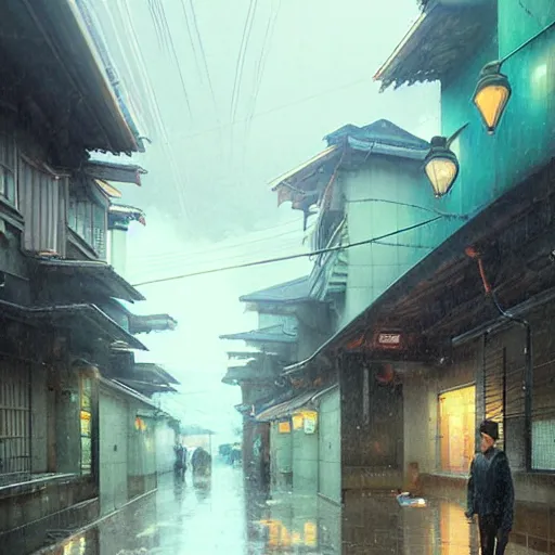 Image similar to walking around ozu city and shimonad station, ehime, japan. rain, wet, volumetric lighting, realistic illustration, perfectly shaded, soft painting, art by krenz cushart and wenjun lin