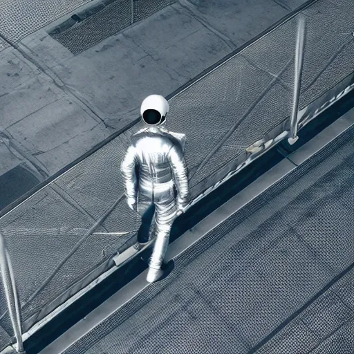 Image similar to mysterious man in silver space suit, walking on an industrial catwalk with stairs that lead nowhere, floating in deep space, 4 k photograph, isometric view