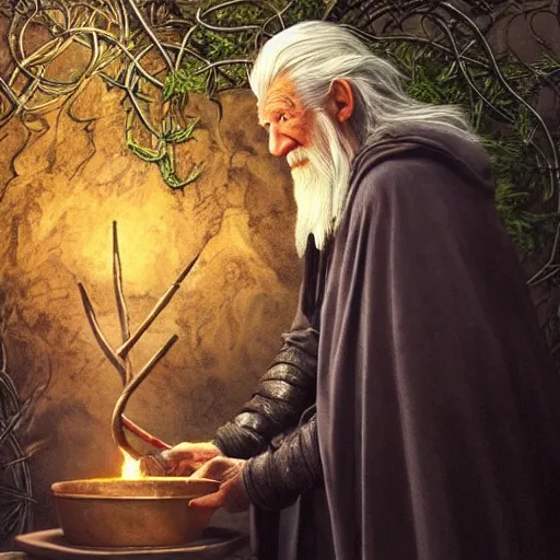 Image similar to the evil ian mckellen smithing on an anvil as gandalf in a dark viking hood playing odin all father crafting the plant of life with vines on an anvil, highly detailed, cinematic shot, cinematic lighting, 8 k, exquisit facial detail, painting by artemisia gentileschi, chiaroscuro, dark painting.