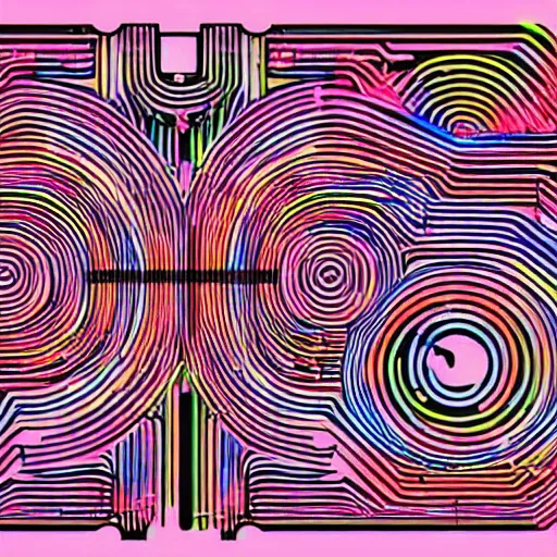 Image similar to modular synthesizer electronic music organicly sketched in a future retro style of minimal graphic design of the 1960’s educational system schematic of sound waves but as a cyberpunk pop art with neons