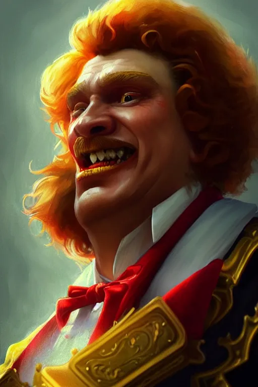 Image similar to / vladimir putin as ronald mcdonald, closeup, d & d, fantasy, intricate, elegant, highly detailed, digital painting, artstation, concept art, matte, sharp focus, illustration, hearthstone, art by artgerm and greg rutkowski and alphonse mucha