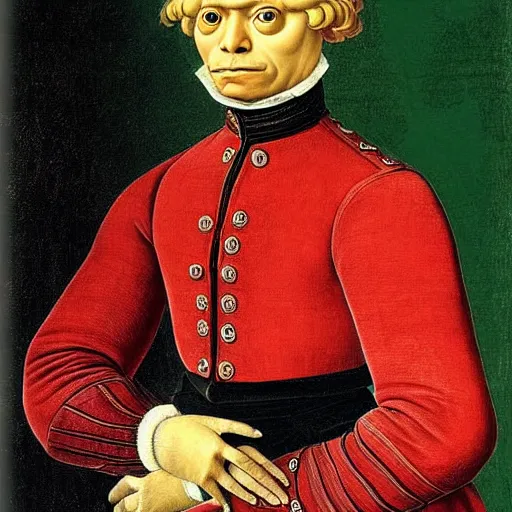 Image similar to pepe the frog as 1 8 th century prussian soldier, elegant portrait by sandro botticelli, detailed, symmetrical, intricate