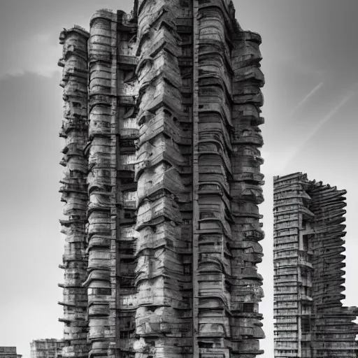 Image similar to a sci - fi beautiful brutalist hypermodern monument, with many rounded brutalist towers sprouting from the base tower creating a complex and unique geometric building, photography