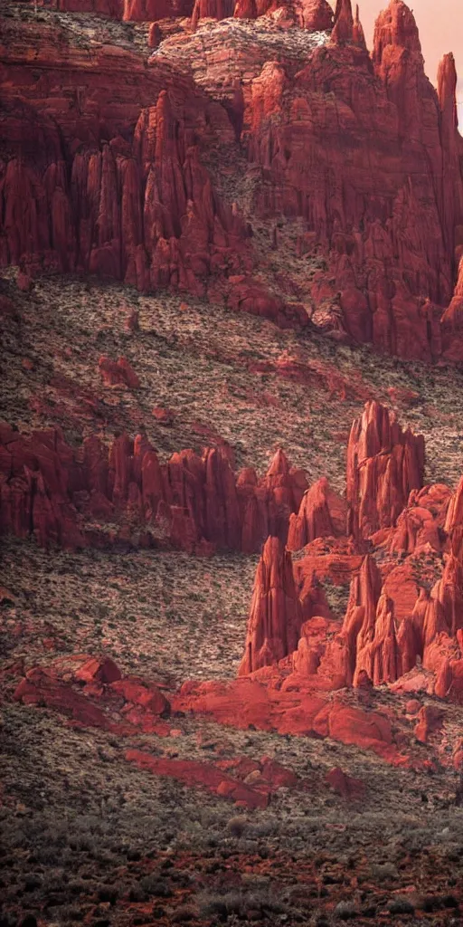 Image similar to an atmospheric film still by Ridley Scott with a huge towering dark gothic cathedral carved out of rock at the top of a red rock canyon