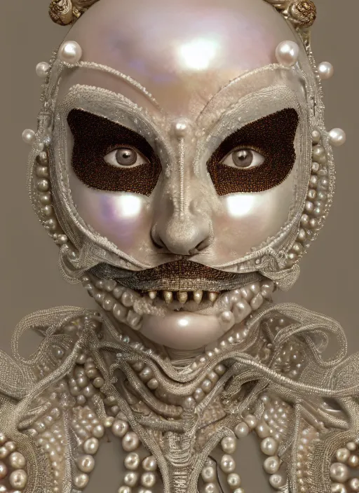 Image similar to hyperrealism, detailed textures, award winning autochrome portrait photo, symetrical japanese pearl beautiful smiling medusa queen autochrome pearl portrait, pearl silverplate, intricate, detailed facial pearl scary animal mask, pearl, golden jewelery, silverplate, ultra realistic, cinematic, intricate, cinematic light by ray ceasar, unreal engine 8 k