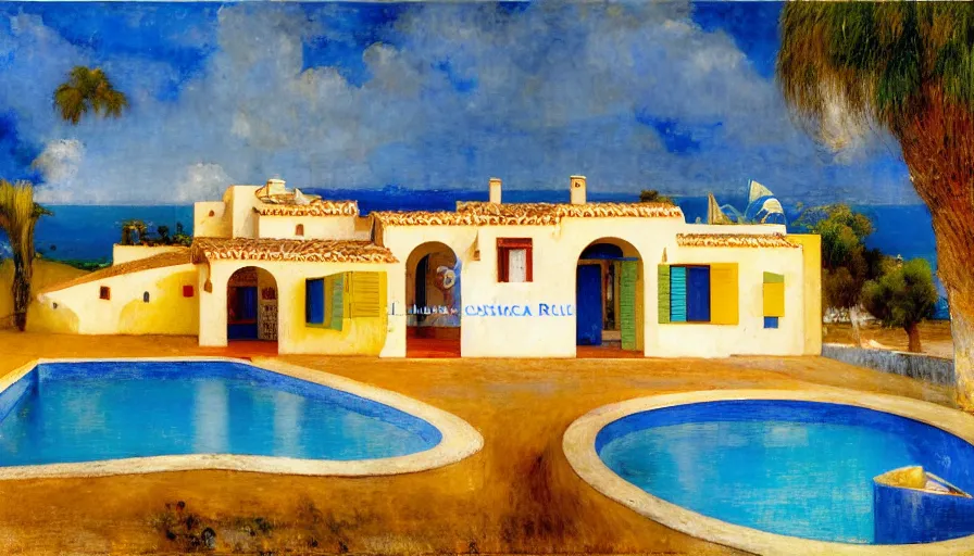 Image similar to a 1 9 9 8 southern spain house!!! costa blanca, designed by bispo do rosario, arnold bocklin, jules bastien - lepage, tarsila do amaral, arthur and gustave baumann, cheval michael, warm, mediterranean, star, sharp focus, colorful refracted sparkles and lines, soft light, 8 k 4 k