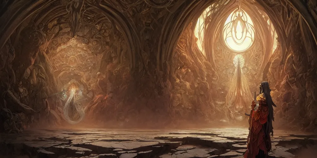 Image similar to dark sacred spaces, cave, brotherhood of the snakes, shrine, priestess, intricate, highly detailed, digital painting, artstation, concept art, smooth, sharp focus, illustration, Unreal Engine 5, 8K, art by artgerm and greg rutkowski and alphonse mucha, by Jesper Ejsing, by RHADS, Makoto Shinkai and Lois van baarle, ilya kuvshinov, rossdraws