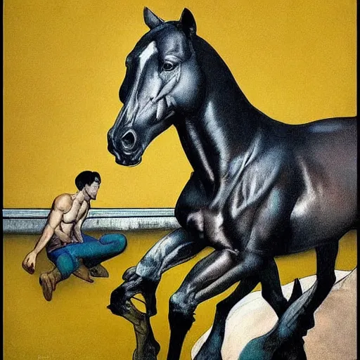 Image similar to ripped physique portrait horse-face Nightmarish Horse Man Warlock the Bobby Fischer camouflaged as a Pony wearing a yellow hoodie eyvind earle greg rutkowski edgar degas andrew wyeth giorgio de chirico