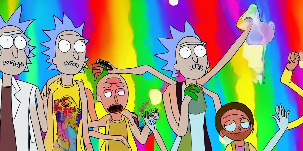 Prompt: rainbow cry, style of rick and morty