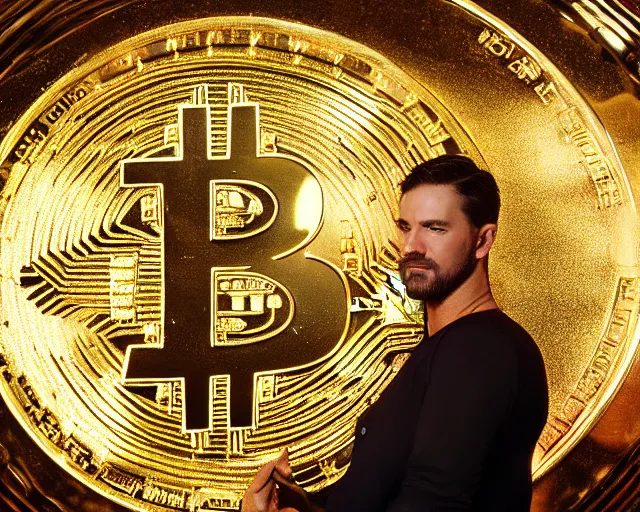 Image similar to attractive oiled up glossy man posing in front of a huge golden bitcoin, angelic light, commercial by annie liebovitz, gaston bussiere, craig mullins, j. c. leyendecker