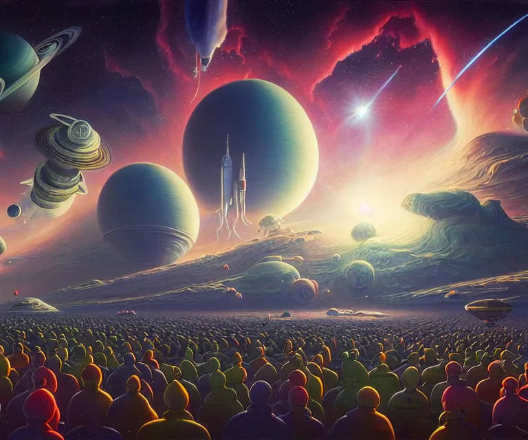 Prompt: hyper detailed 3d render like a Oil painting - crowds cheer at a spaceport on a beautiful faraway planet as a rocket blasts off, large gas giant in the dramatic nebula-filled alien sky, retrofuturistic science fiction vibe, by Jacek Yerka, Mariusz Lewandowski, Houdini algorithmic generative render, Abstract brush strokes, Masterpiece, Edward Hopper and James Gilleard, Zdzislaw Beksinski, Mark Ryden, Wolfgang Lettl, hints of Yayoi Kasuma, octane render, 8k, wide angle shot