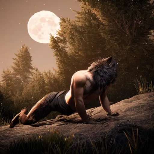 Prompt: young man transforming into a feral werewolf under the moon with black soft realistic fur, ultra detail, unreal engine, 8 k, ssao