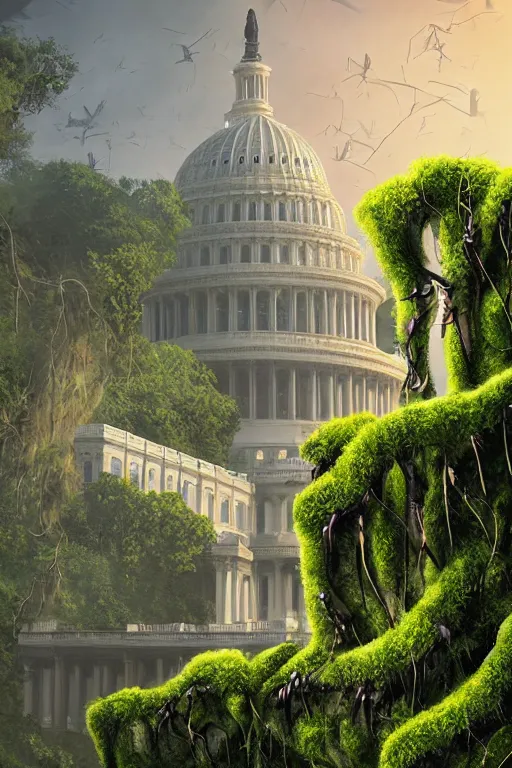 Image similar to an epic landscape view of vines and moss growing on the us capitol building, jungle, with pterosaurs flying, close - up, low angle, wide angle, atmospheric, volumetric lighting, cinematic, very realistic, sharp, highly detailed digital art, painted by tyler edlin