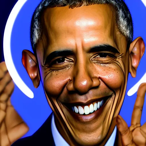 Image similar to Obama has a Astrology Magic Circle Blue Light floating above his hand, Obama is smiling towards the viewer, 40nm lens, 4k,