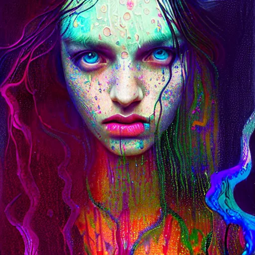 Prompt: girl in psychedelic LSD rain with wet hair and face, fantasy, intricate, elegant, dramatic lighting, evoking intense emotion, symbolic metaphor, highly detailed, lifelike, photorealistic, digital painting, artstation, concept art, smooth, sharp focus, illustration, art by John Collier and Albert Aublet and Krenz Cushart and Artem Demura and Alphonse Mucha