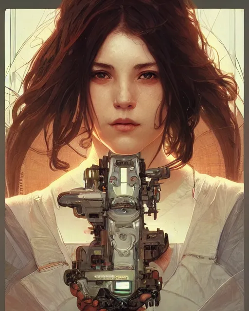 Prompt: portrait of a techno - optimist, cinematic lighting, scifi, intelligent, high detail, masterpiece, art by artgerm and greg rutkowski and alphonse mucha