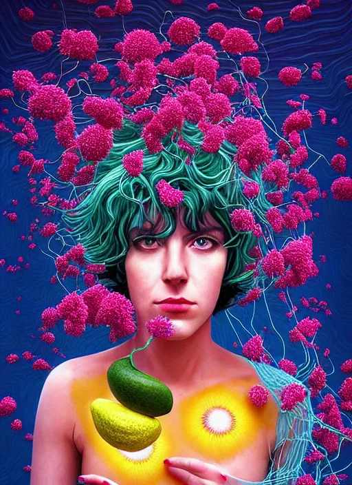 Image similar to hyper detailed 3d render like a Oil painting - Ramona Flowers with wavy black hair wearing thick mascara seen out Eating of the Strangling network of colorful yellowcake and aerochrome and milky Fruit and Her staring intensely delicate Hands hold of gossamer polyp blossoms bring iridescent fungal flowers whose spores black the foolish stars by Jacek Yerka, Mariusz Lewandowski, silly playful fun face, Houdini algorithmic generative render, Abstract brush strokes, Masterpiece, Edward Hopper and James Gilleard, Zdzislaw Beksinski, Mark Ryden, Wolfgang Lettl, Dan Hiller, hints of Yayoi Kasuma, octane render, 8k