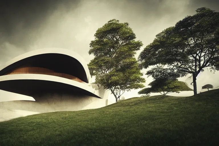 Prompt: wood house inspired by Oscar Niemeyer, matte painting, cinematic composition, hyper realistic, highly detailed, concept art, low key lighting, high dynamic range, depth of field, moment cinebloom filter, cinematic color grade