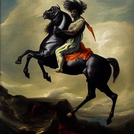 Prompt: painted portrait of zeus on a black horse, masterpiece