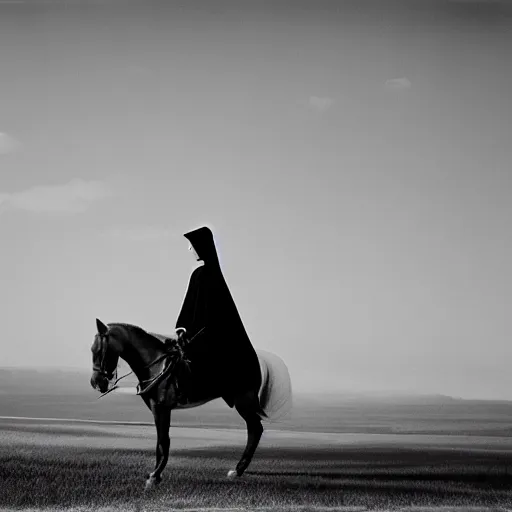 Image similar to A young lady with a black cloak is riding a dark horse from distance, Kodak TRI-X 400, dark mood, melancholic