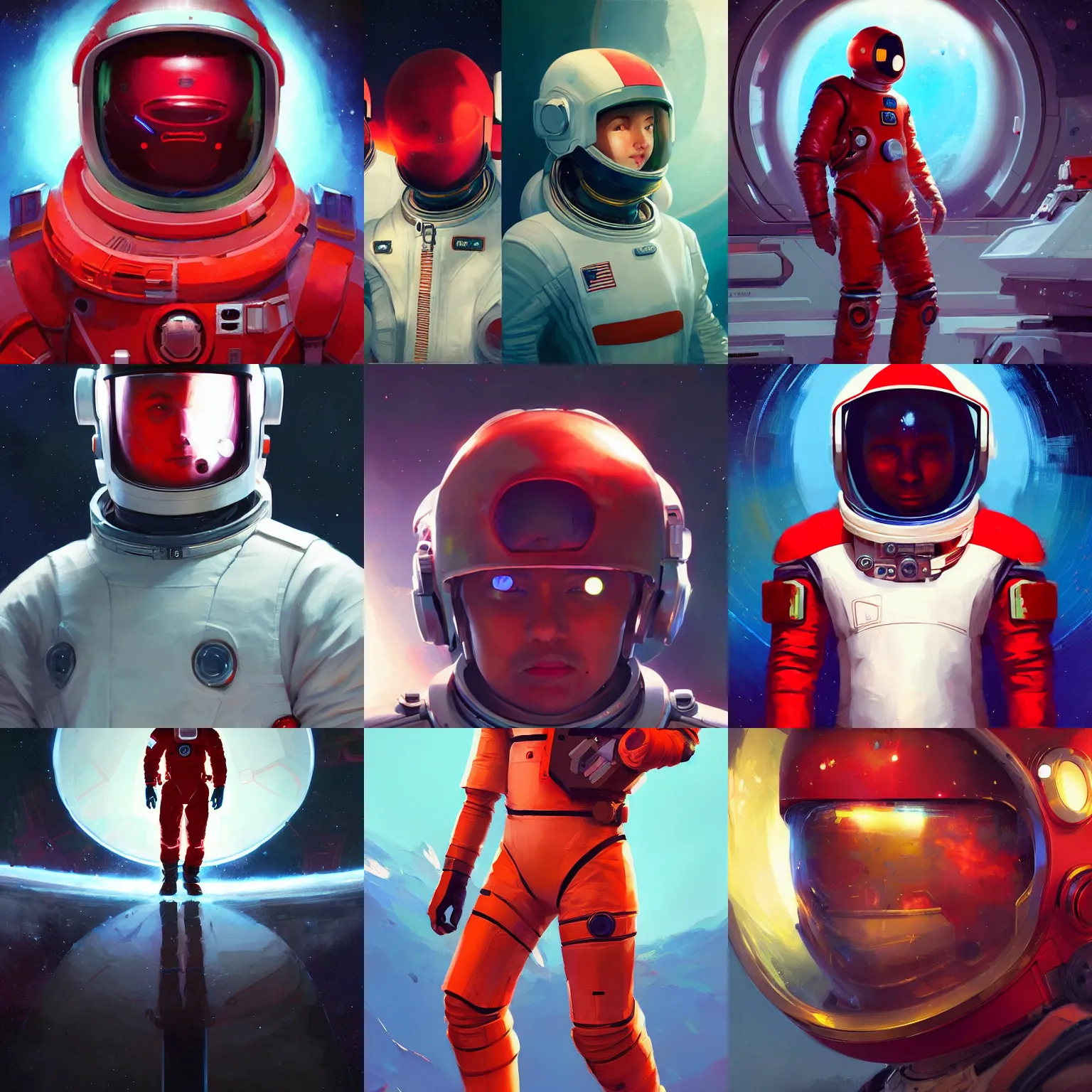 Prompt: futuristic space explorer portraits. red astronaut suit. oil painting. unreal engine, artstation. craig mullins, ilya kuvshinov, greg rutkowski, artgem, dan mumford, josan gonzalez, victo ngai
