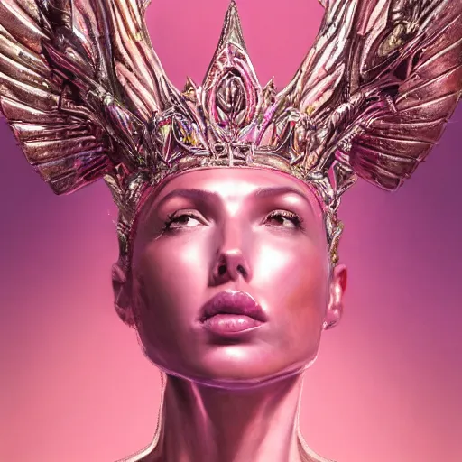 Prompt: pink portrait of beautiful female angel queen Gal Gadot head wearing shiny pink crown, subtle purple accents, hyper details, black metal rococo, sculpted by Alex Alice, Craig Mullins, yoji shinkawa, trending on artstation, beautifully lit, Peter mohrbacher, hyper detailed, insane details, intricate, elite, elegant, luxury, ray of light through smoke, CGsociety, hypermaximalist, golden ratio, volumetric, octane render, weta digital, micro details, 3d sculpture