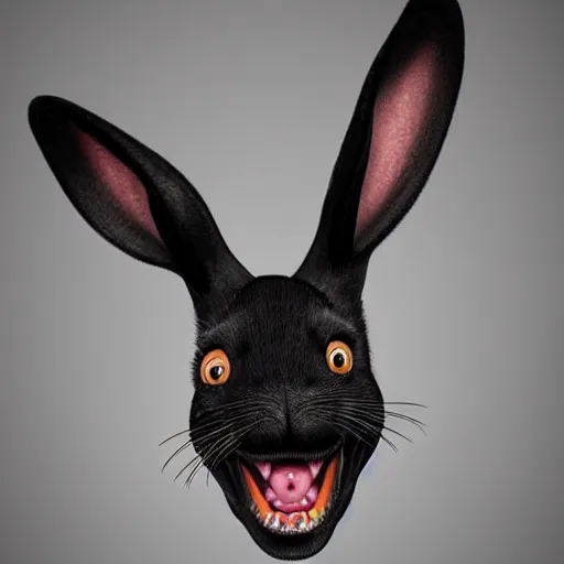 Prompt: A extremely highly detailed majestic hi-res beautiful, highly detailed head and shoulders portrait of a scary terrifying, horrifying, creepy black cartoon rabbit with scary big eyes, earing a shirt laughing, hey buddy, let's be friends, in the style of Walt Disney