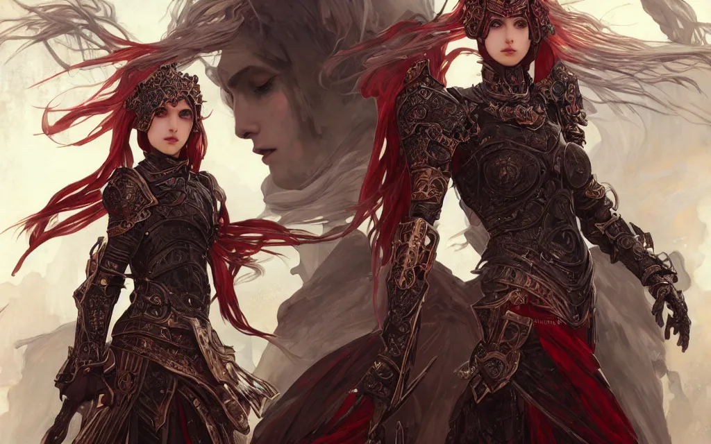 Image similar to knights of zodiac girl + smoky eyes, black and reddish armor, knight cinematic shot, in ruined agora of athens, ssci - fi and fantasy, intricate and very very beautiful and elegant, highly detailed, digital painting, artstation, concept art, smooth and sharp focus, illustration, art by tian zi and wlop and alphonse mucha