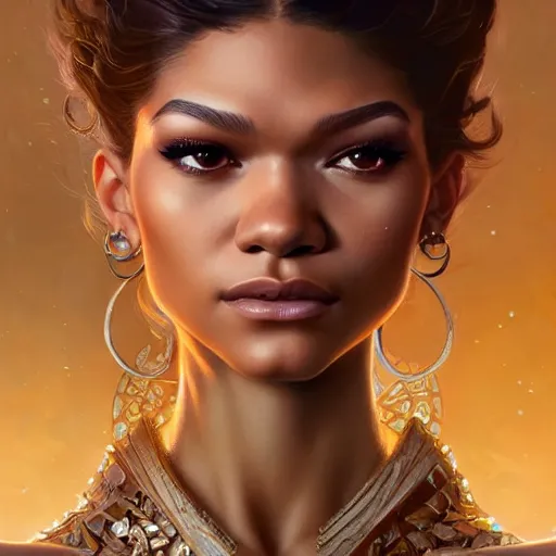 Image similar to beautiful zendaya, closeup, D&D, fantasy, intricate, elegant, highly detailed, digital painting, artstation, concept art, matte, sharp focus, illustration, art by Artgerm and Greg Rutkowski and Alphonse Mucha