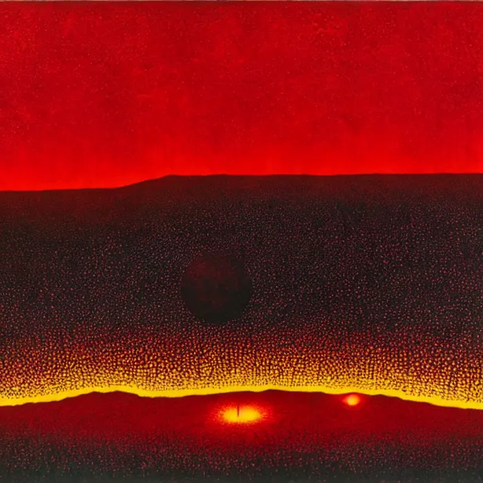 Prompt: alien planet landscape with forests on fire. 1 gigantic red hot sun. jeffrey smith, stanley donwood