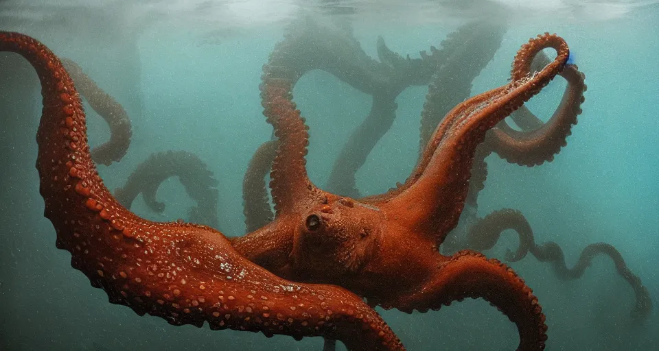 Prompt: giant pacific octopus in new York, deep water, dramatic scene, beautiful atmosphere, by greg rutkowski and maciej rebisz, kodak portra