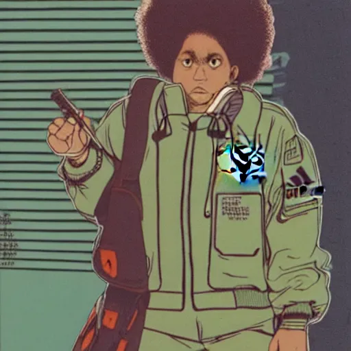 Image similar to illustration by katsuhiro otomo, black man with afro hair, stubble, wearing an adidas army green jacket, in the streets of tokyo, akira style, by katsuhiro otomo