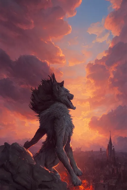 Prompt: a beautiful artwork illustration, Fenrir standing over a medieval village at sunset, destruction, by Greg Rutkowski and Jesper Ejsing and Raymond Swanland, featured on artstation, wide angle, vertical orientation