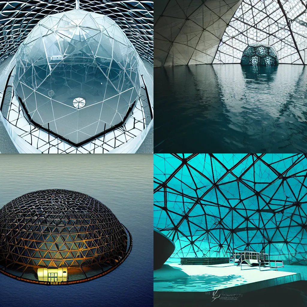 Prompt: underwater research facility, geodesic dome, dark colors, cinematic lighting