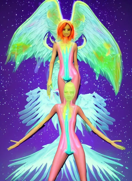 Image similar to a glowing skinny onesie suited angel spirit being, covered with pastel glitter glue slime, fashion model pose, full body maximalist cosmic eldritch character design, early computer graphics