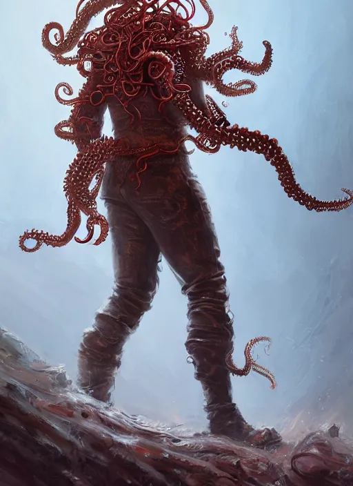 Prompt: !dream a highly detailed illustration of thick curly haired young guy wearing brown coat and face mask, with red and blue biker gloves, with wire tentacles on his back, dramatic standing pose, intricate, elegant, highly detailed, centered, digital painting, artstation, concept art, smooth, sharp focus, league of legends concept art, WLOP