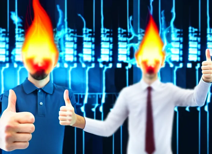 Image similar to A photo of a system administrator doing a thumb up to the camera in front on burning servers, servers in flames, happy system administrator doing a thumb up, uncropped, full body