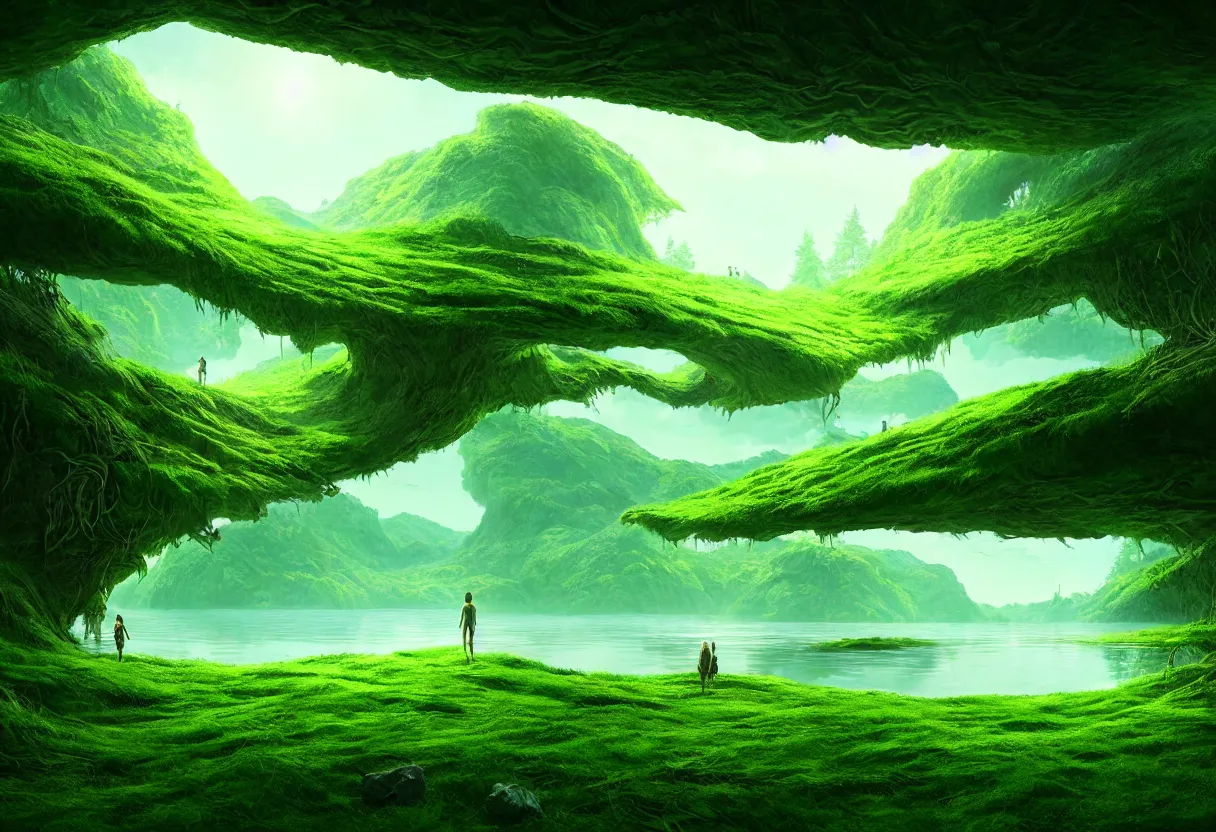 Image similar to inside of alien lake lush summer green landscape of human mind and imagination, matte painting, beautiful render, octane render, concept art