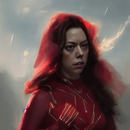 Prompt: aubrey plaza as scarlet witch by greg rutkowski, concept art, highly detailed, realistic, high fidelity, intricate, ornate, fine detail, 4k, octane render, trending on artstation