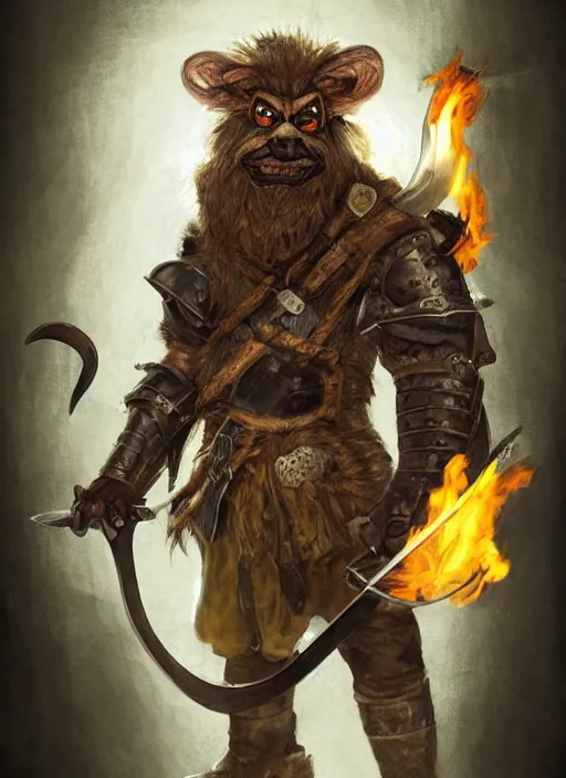 Image similar to photorealistic bugbear ranger holding sword on fire, magic, black beard, dungeons and dragons, pathfinder, roleplaying game art, hunters gear, jeweled ornate leather and steel armour, concept art, character design on white background, by sargent, norman rockwell, makoto shinkai, kim jung giu, artstation trending, poster art, colours red