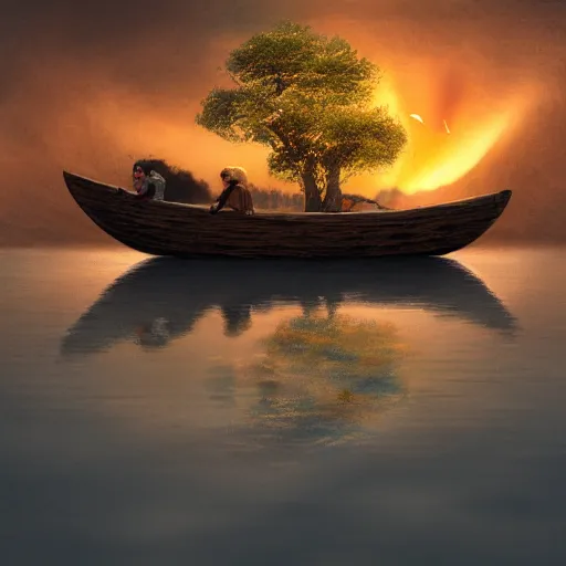 Prompt: a beautiful hobbit boat sailing over a river in middle east during sunset, cartoon, trending on artstation, award winning, moody light,