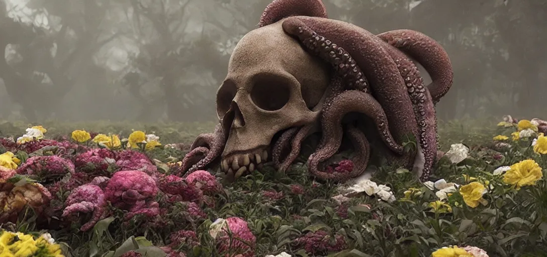 Prompt: an | octopus in the shape of a skull | surrounded by flowers, foggy, cinematic shot, photo still from movie by denis villeneuve, wayne barlowe