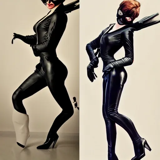 Image similar to Full-body portrait of Emma Stone as catwoman, trending on Artstation, realistic studio lighting, realistic shadows, by Jen Jung, by Lisa Ericson