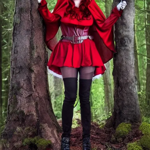 Image similar to full body photo of red riding hood as a werewolf hunter